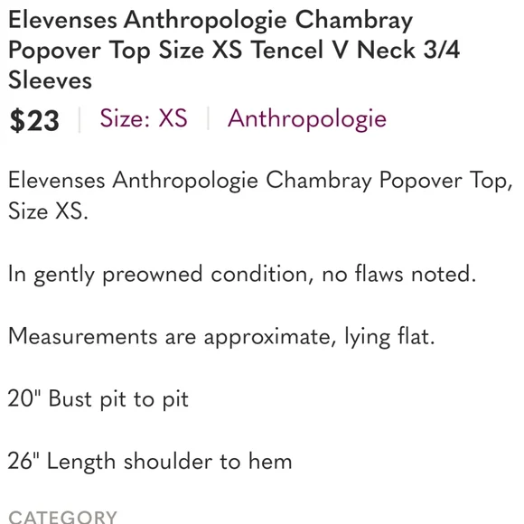 Elevenses Anthropologie Chambray Popover Top Size XS Tencel V Neck 3/4 Sleeves - Picture 5 of 5